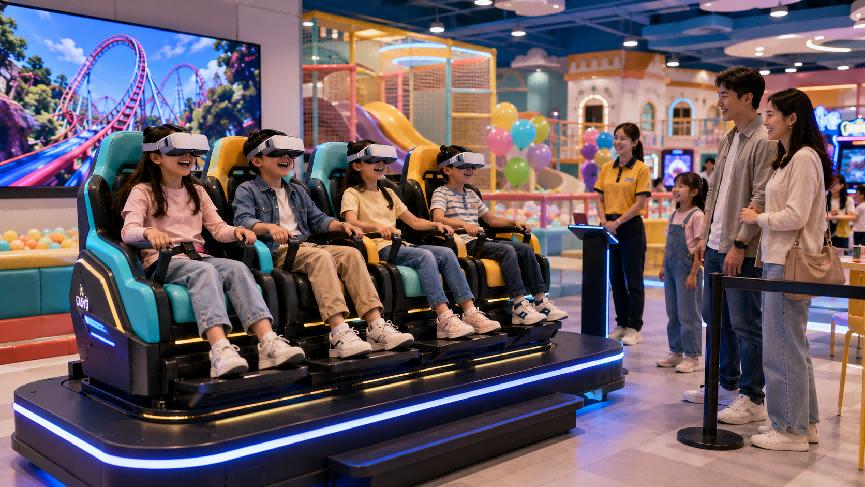 Kids virtual roller coaster attraction for indoor play centers
